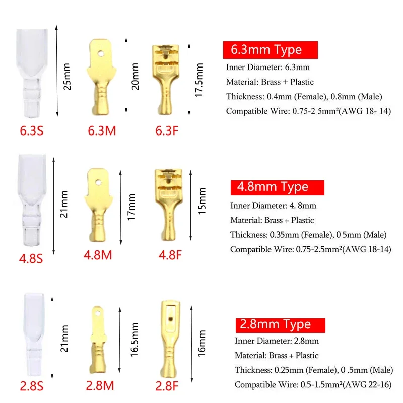 オスとメスのケーブルボックス絶縁,2.8/4.8/6.3mm,電気圧着端子,スペードコネクタ,各種キット