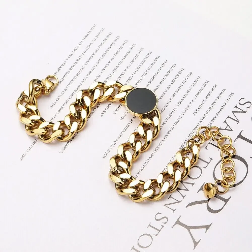 Elegant 4mm Gold Plated Stainless Steel Cuban Chain Bracelet with Black Round Emblem and 5cm Extender for Women Jewelry