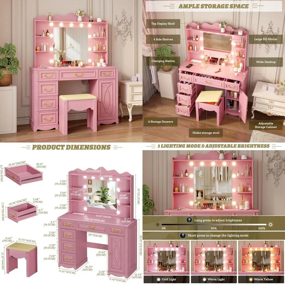 مكتب زينة مكياج كبير بإضاءة LED مع قاعدة شحن و6 أدراج، 43.3 طاولة تزيين للمكياج للتنظيم #1