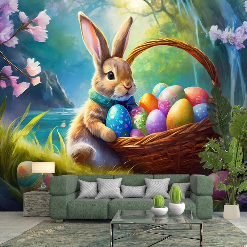 1PC Easter Bunny Basket Eggs Art Print Backdrop Banner, Bedroom Living Room Photo Background, Polyester, Home Decor, Wall Art