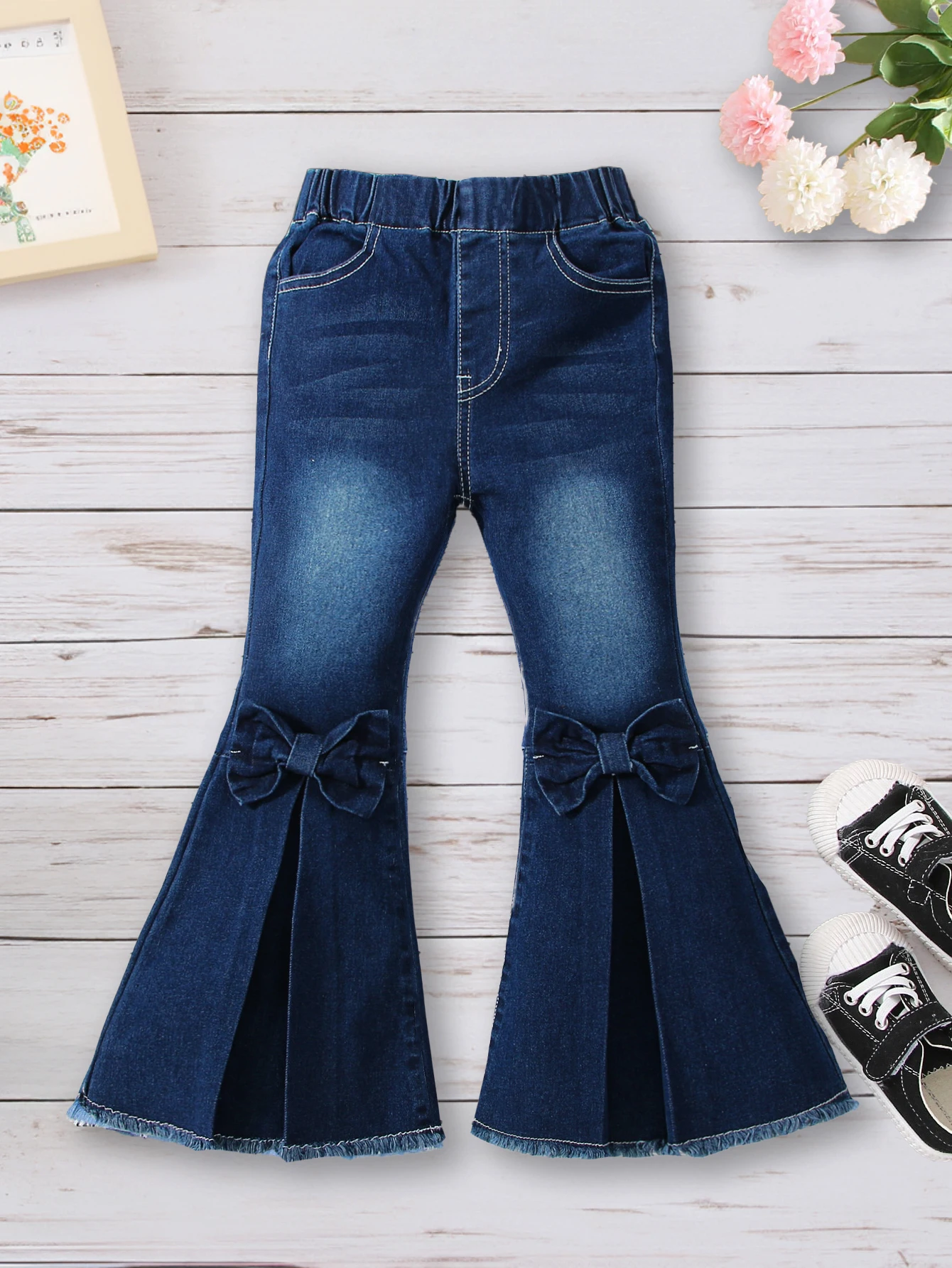 

Girls' Solid Flared Denim Pants With Bow Tie, Regular Fit Casual Jeans, For Cute And Smart Look, Autumn/ Winter/ Spring