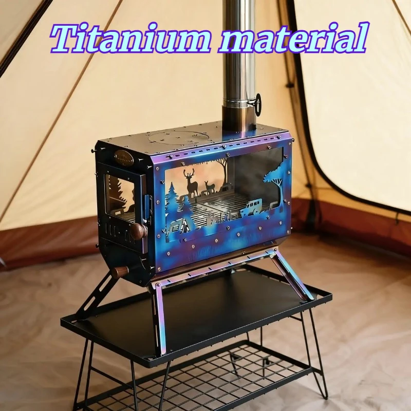 Folding Portable Firewood Stove Titanium Durable Heating Picnic Cooking Visible Camping Fireplace Outdoor Camp Cooking Supplies