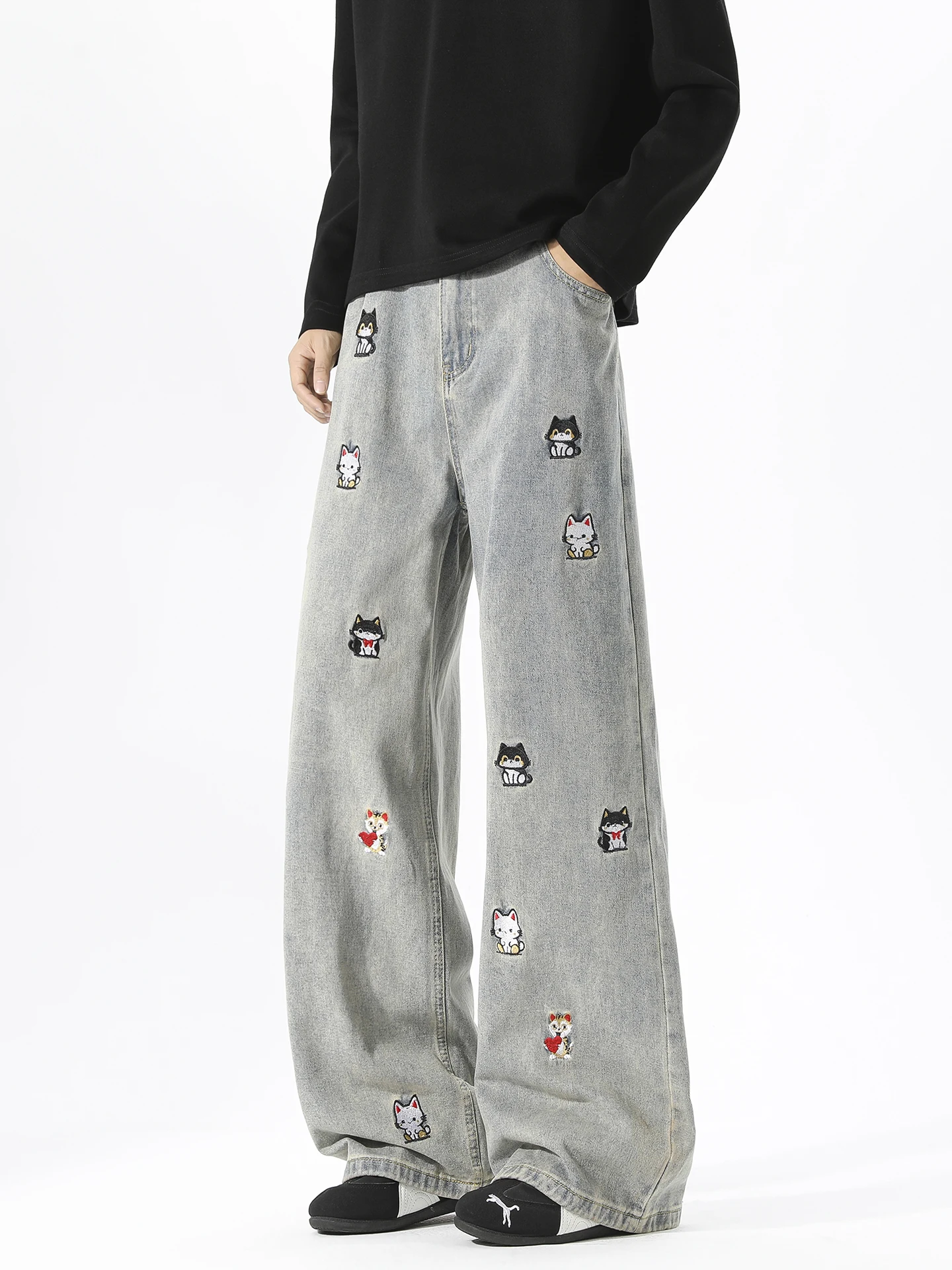 

BOYUE Retro Embroidered Cartoon Jeans Men's Women's Wide Leg Pants Casual Comfortable Cotton Denim mid Waist Zipper Fly