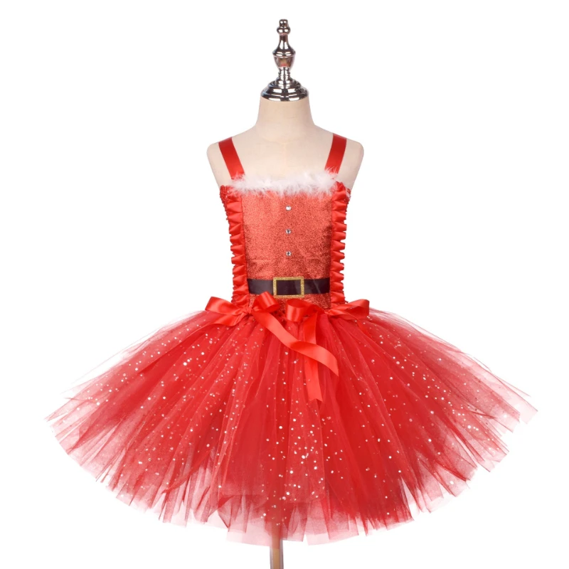 Girls Red Sparkly Tulle Tutu Dress,  Kids Christmas Glitter Mesh Party Gown, Children Holiday Stage Performance Elegant Clothing