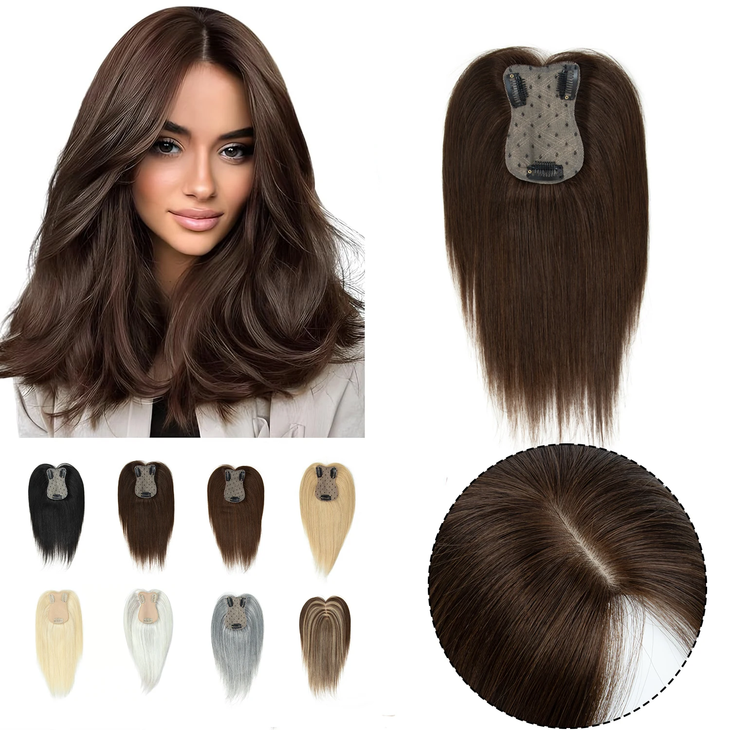 

VEDES Human Hair Toppers for Women With Thinning Hair 7 * 11CM Silk Base 100% Real Human Hair Clip in Top Wiglet Hairpieces