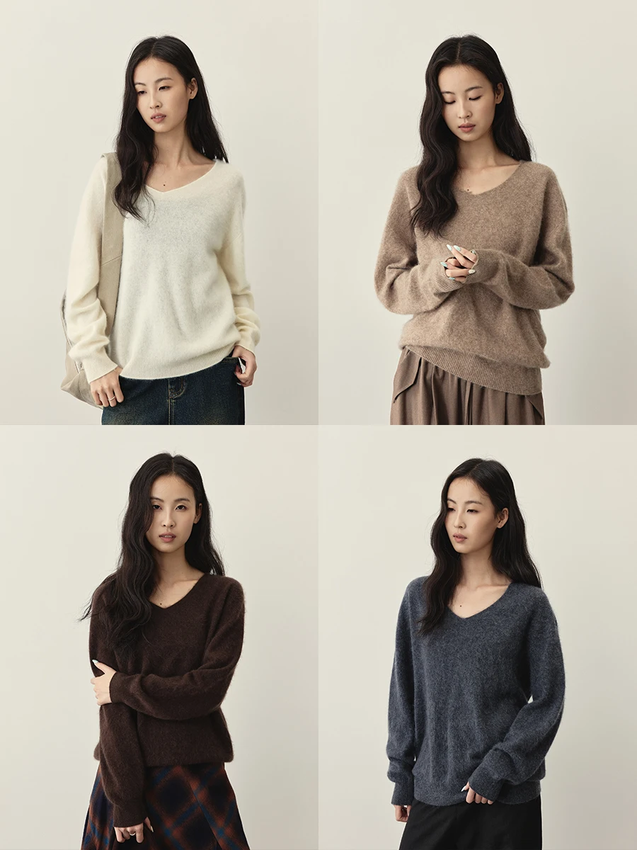 

CAREMIND Soft Fce Pure Color Sl Inteated Knitted Sweater Luxury Feel oulder-aped Long Sve V-Ne Women's Ca...