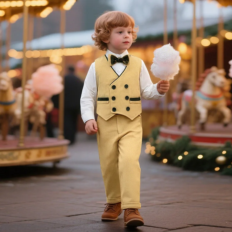 

JUCPKID 3PCS Set British Style Kids Boys Suit Children Boys Khaki Vest Shirt Pant Wedding Suit Plaid Striped Print Baby Boy Suit