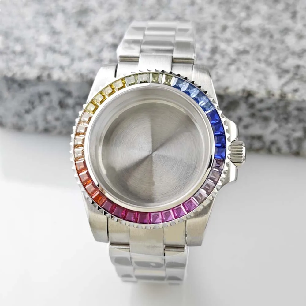 For NH35 Case Flat Sapphire Glass Diamond Bezel Solid Bottom Shell 40.4mm Watch Case Strap for NH34 NH36 Movement