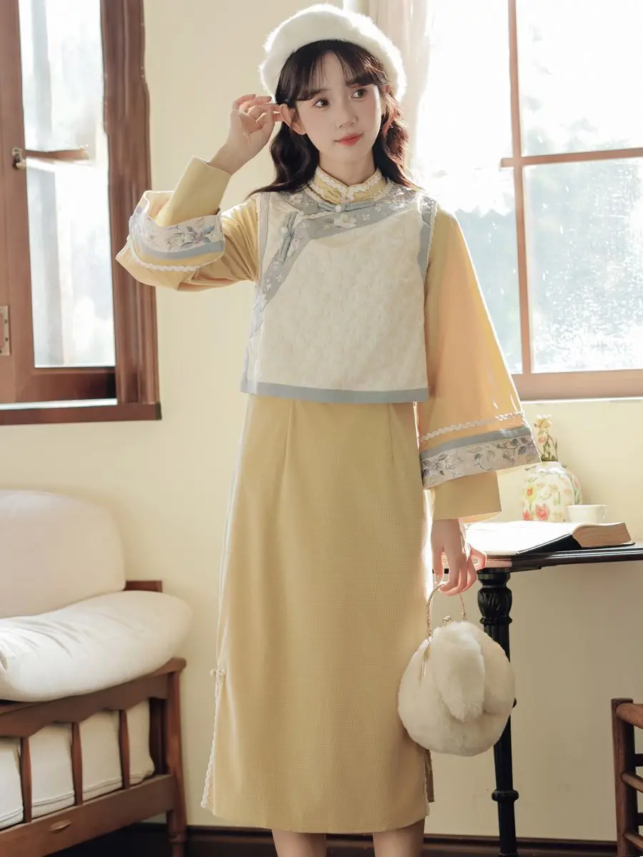 Long Sleeved Winter Cheongsam Hanfu Elegant Thickening Daily Sweet Cute Girl Chinese Dress Qipao for Women