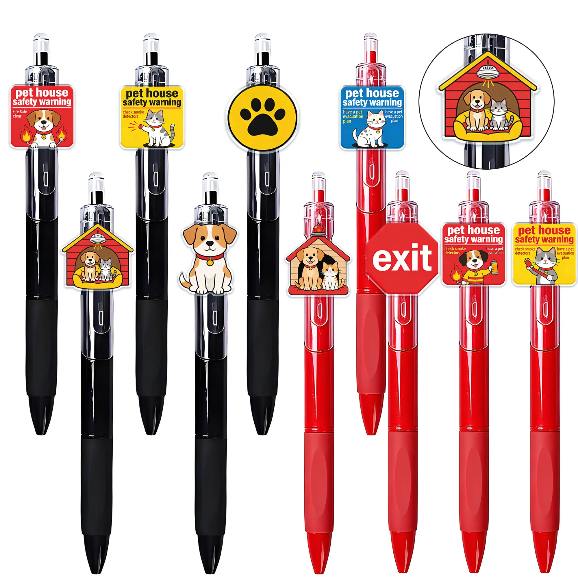 10pcs Pet House Safety Warning Theme Circle Press Bead Pen School Season Student Writing Gift Pen