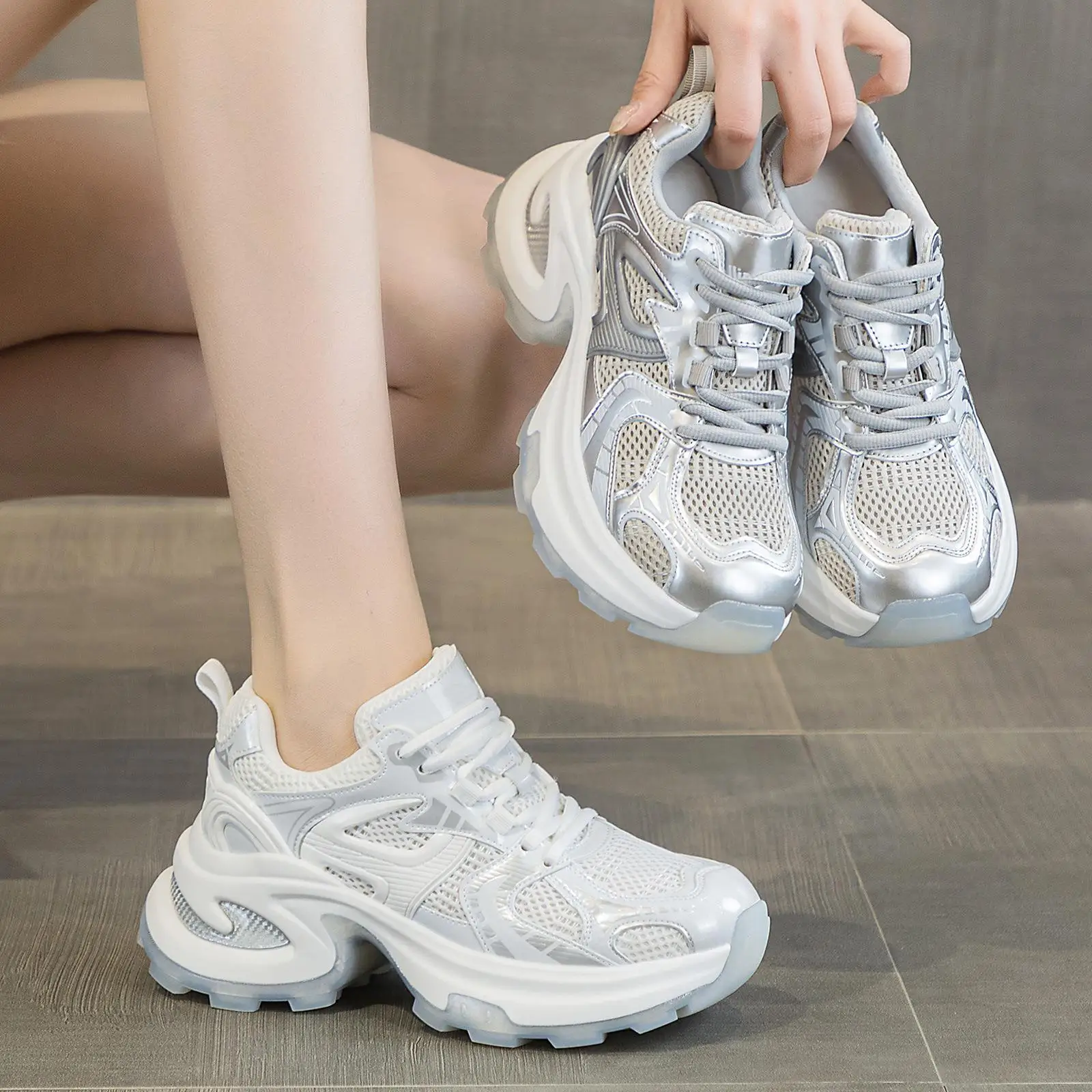 

Women's Sport Shoes Breathable Mesh Thick Bottom Heightening Casual Style round Toe Flat Heel Leather Upper Knot Front Shoes