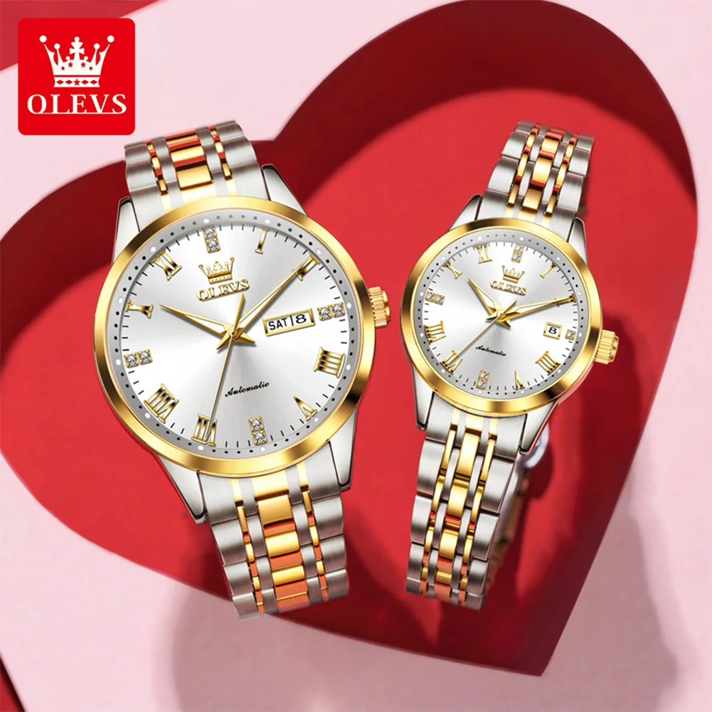 OLEVS 7062 ساعات الزوجين الفاخرة التلقائية الميكانيكية ووتش الفولاذ المقاوم للصدأ تاريخ الأسبوع الساعات للزوجين ساعة اليد للماء #1