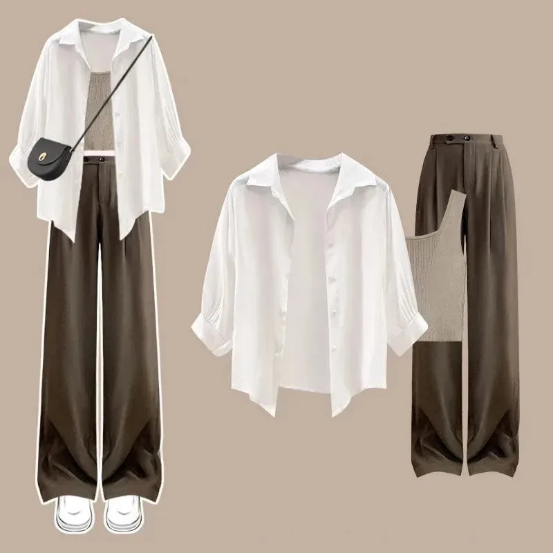 

Women's 2026 Spring Summer New Fashion In Tracksuit Matching Set Korean Elegant White Sunscreen Shirt+Vest+Pants 3-Piece Suit
