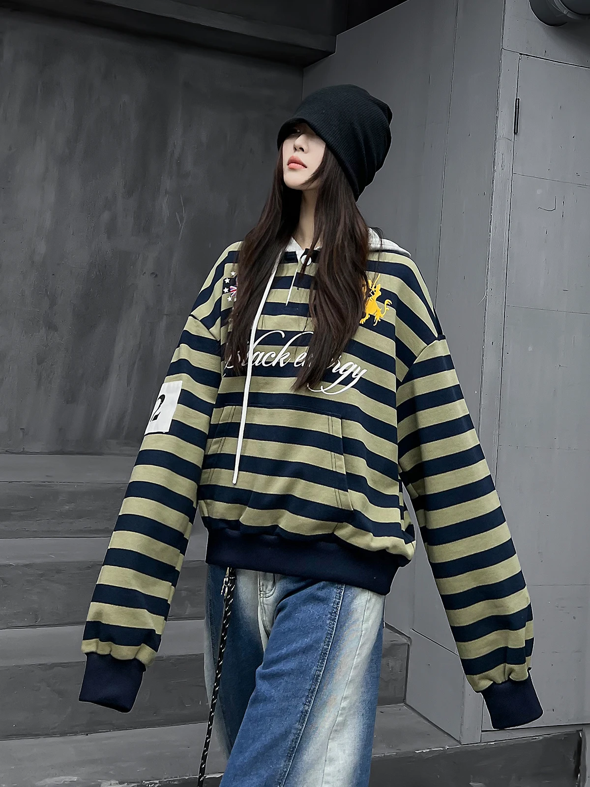 

M-Home Trendy Streetwear Striped Hoodie Women's Spring 2026 New Design Long Sve Base irt Loose Fit Cotton Polyester Blend