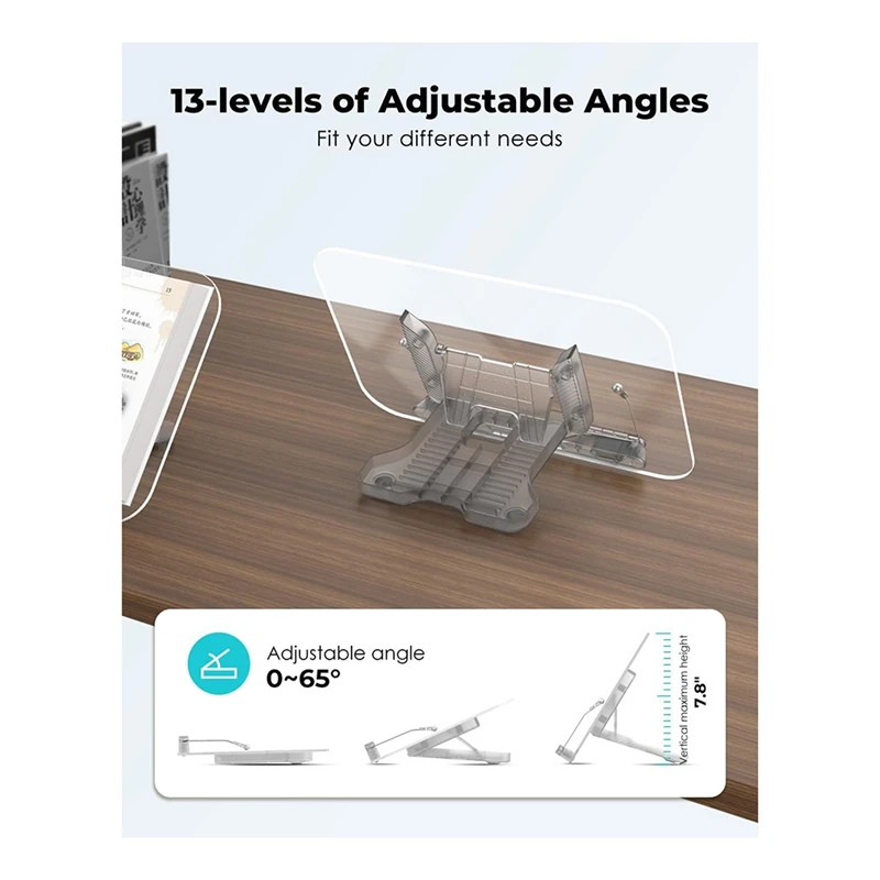 Acrylic Book Stand For Reading,Cookbook Holder, Levels Angle Adjustable, Foldable & Portable For Office, Kitchen, School