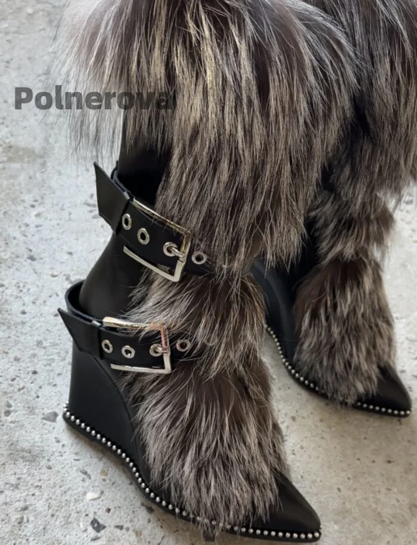 Real Fur Wedge Ankle Boots Women Pointed Toe Belt Buckle Trends Furry Snow Boots Female Mid Calf High Heels Winter Shoes