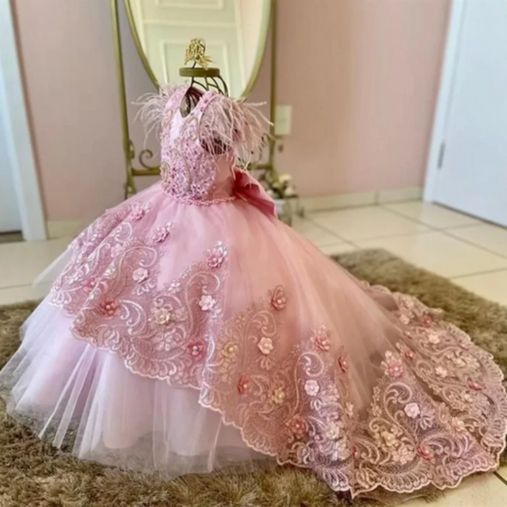 Vestido rosa menina flor aplique, penas de renda inchado com arco, princesa beleza, concurso, primeira comunhão, vestidos de baile