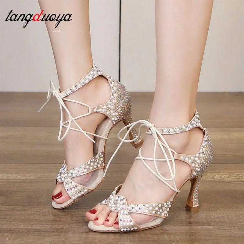 Mesh Rhinestone Dance Shoes Tango Salsa Latin Dance Shoes Ballroom Dance Heels Soft Sole Women Sandals Ladies Wedding Shoes