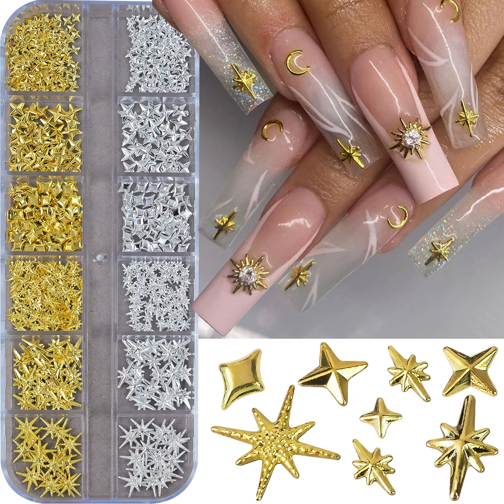 12 Gitter Goldene Silber 3D Stern Nagel Nieten Ohrstecker Metallic Sternenlicht Kreuz Stern Sparkle Schmuck Nagel Charms DIY Nail Art Dekoration