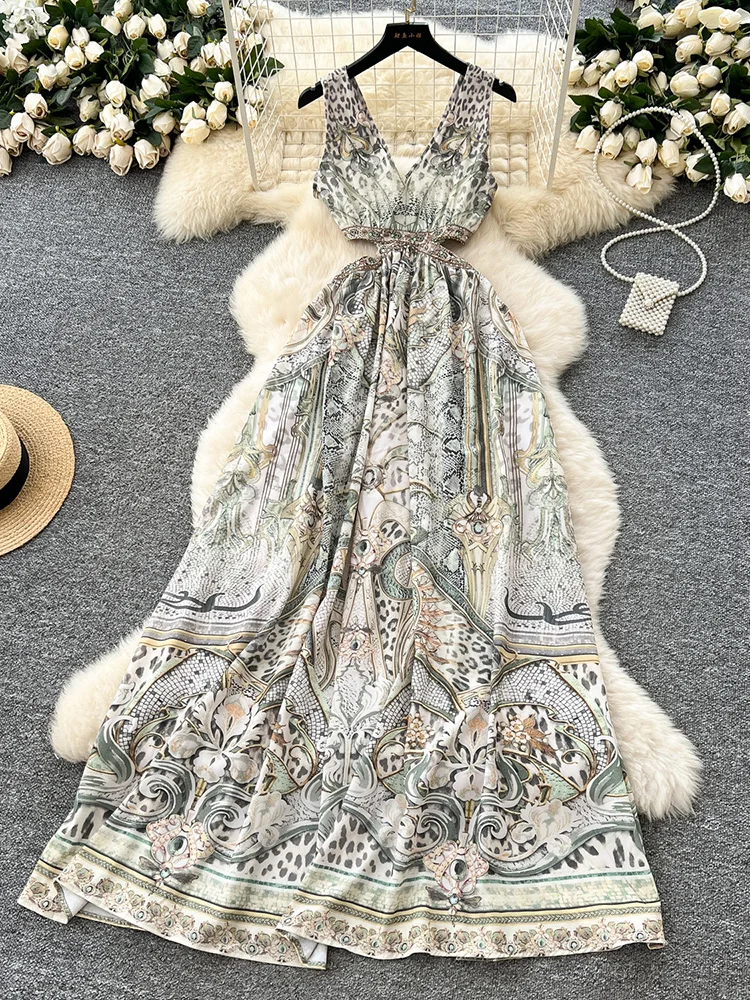 

Women’s Summer Dress Seaside Vacation Style Hollow Waist Exposed V-neck Sleeveless Printed Backless Sexy Long Vestidos DS122