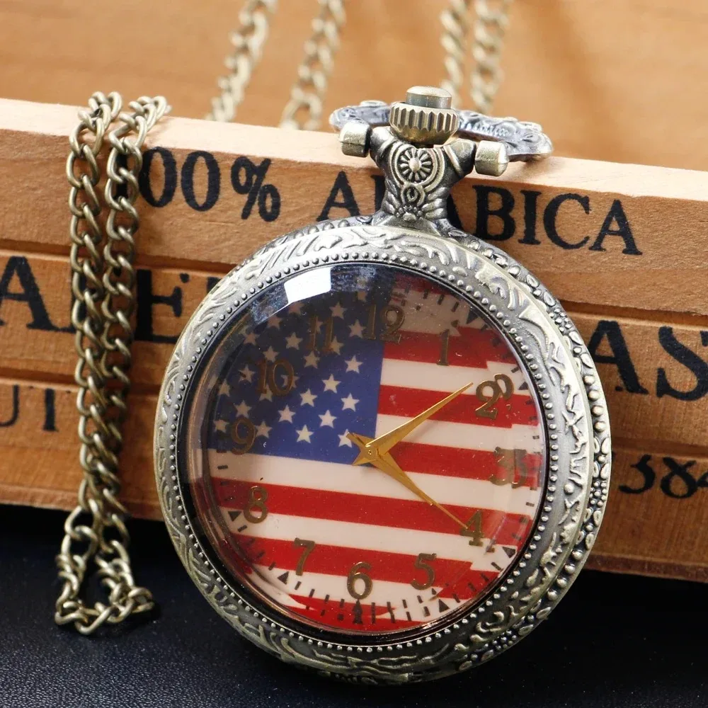 Flag Pattern Fashion Roman Digital Quartz Pocket Watch Men's and Women Necklace Pendant Pocket Watches with Chain Gifts