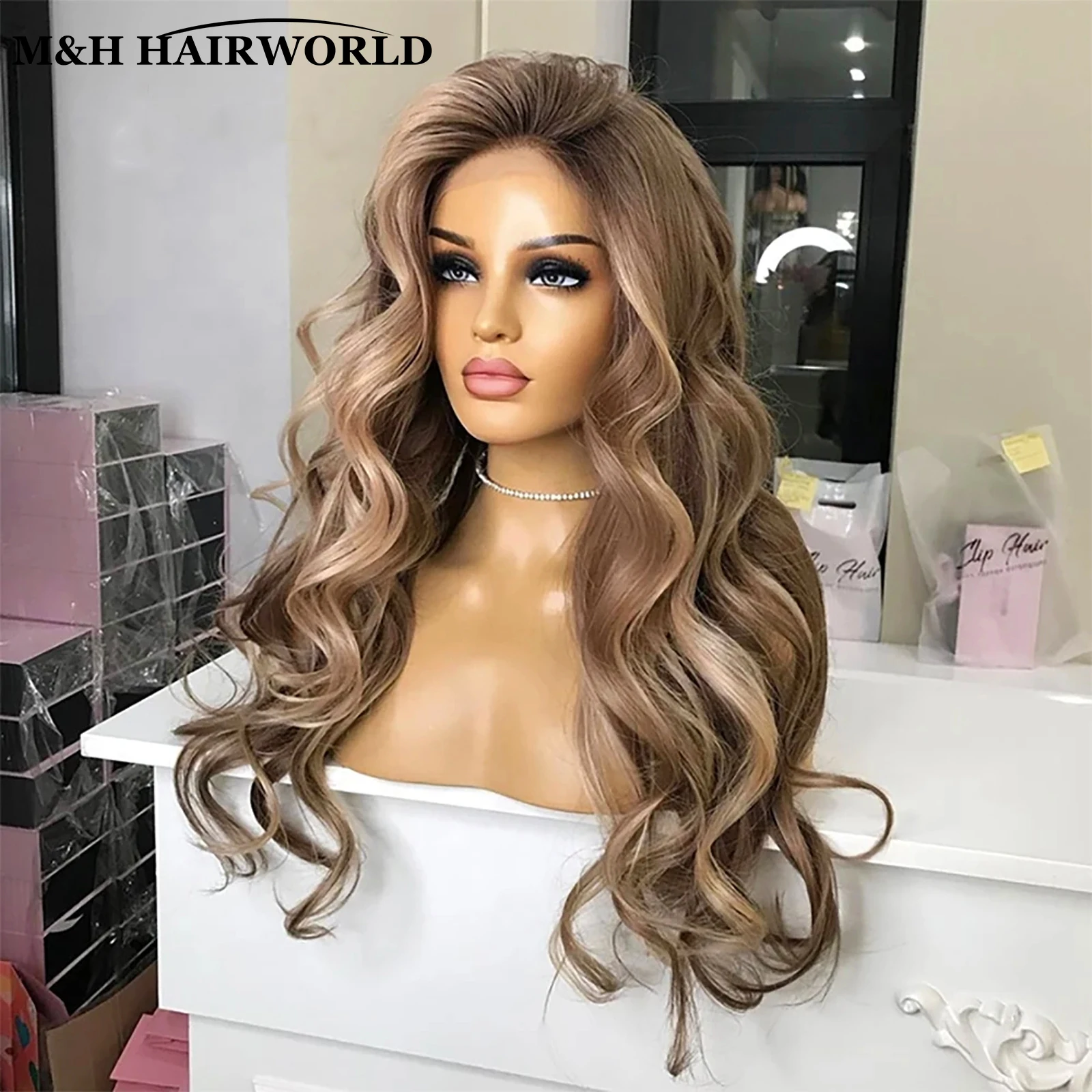 Highlight Ash Brown Blonde Colored Synthetic Lace Front Wigs Long Body Wave Synthetic Hair Wig 13x3 Lace Frontal Wigs For Women