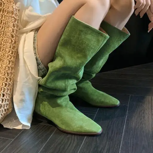 Grande bezerro senhoras verde rosa damasco camurça pequeno dedo do pé quadrado tubo deslizamento em plissado 3 cm saltos joelho botas altas mulheres botas longas sapatos