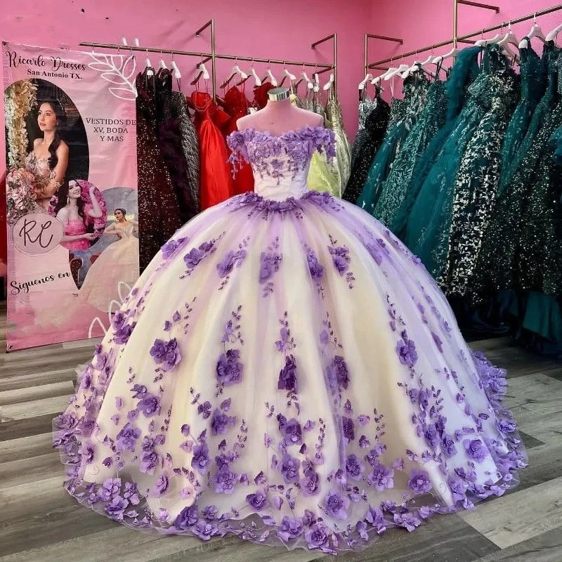 

Lorencia Lavender Quinceañera Dresses 2023 Ball Gown Flowers Bead Appliques Princess Sweet 16 Dress Vestido De 15 Anos YQD170
