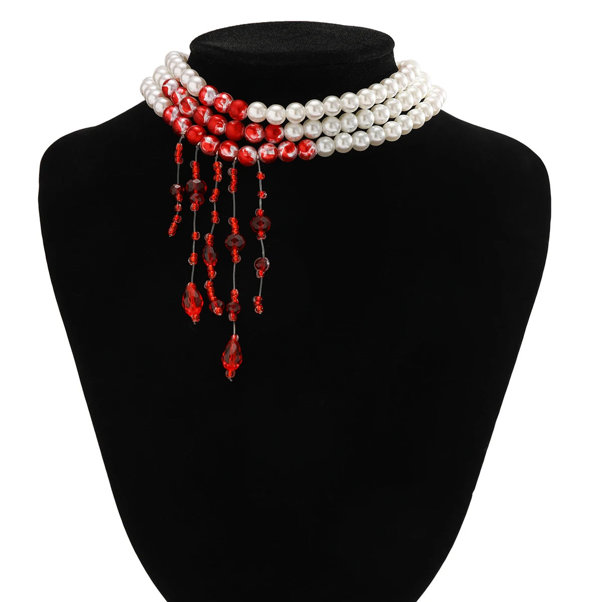 Ingesight. z mehr schicht ige Imitation Perlenkette für Frauen Gothic Drop Öl rote Kristall Quaste Choker Halskette Halloween Schmuck – Detail 9