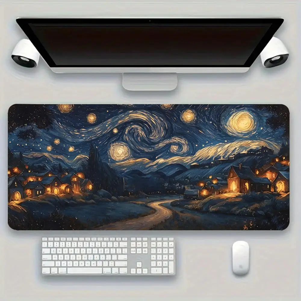 Dreamy purple starry mountain lake village painting playmat atmospheric aesthetic desk pad