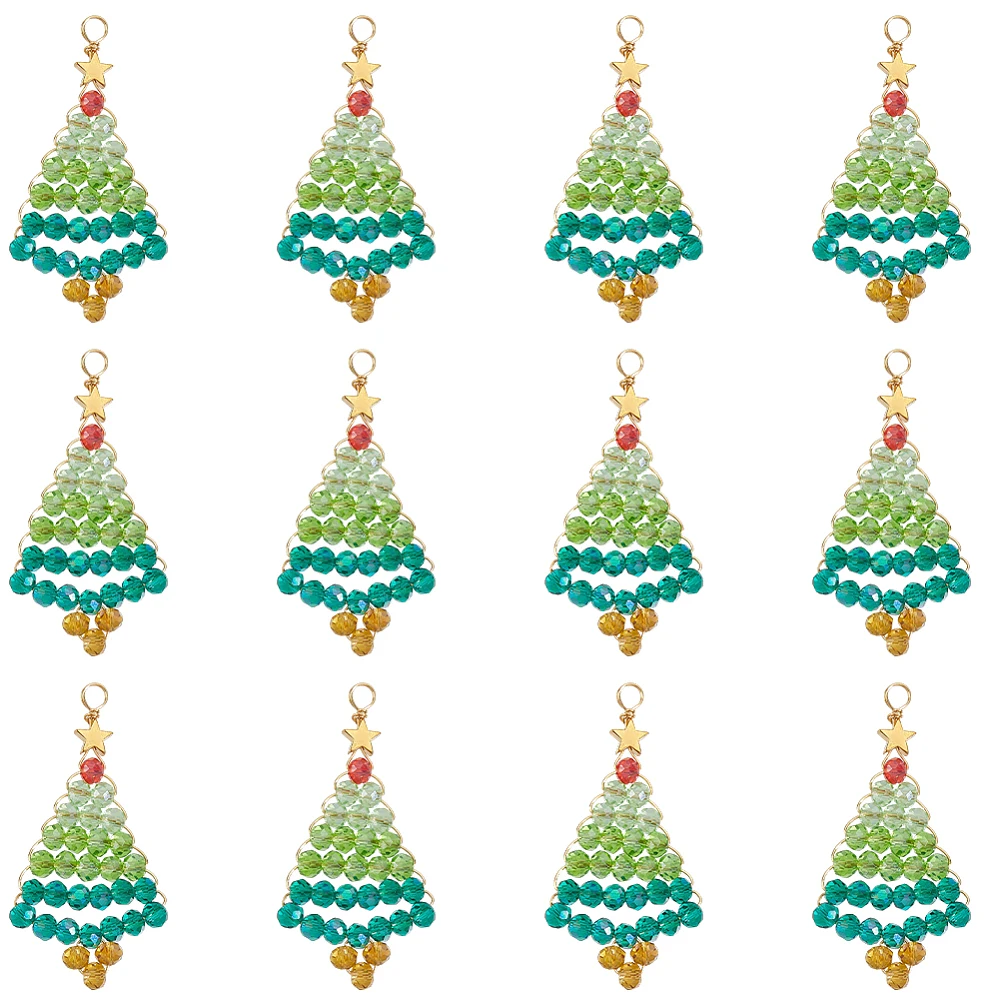 1 Box 20Pcs Christmas Tree Charms Glass Christmas Tree Beads Green Glass Faceted Star Bead Winter Holiday Decor Dangle Pendants