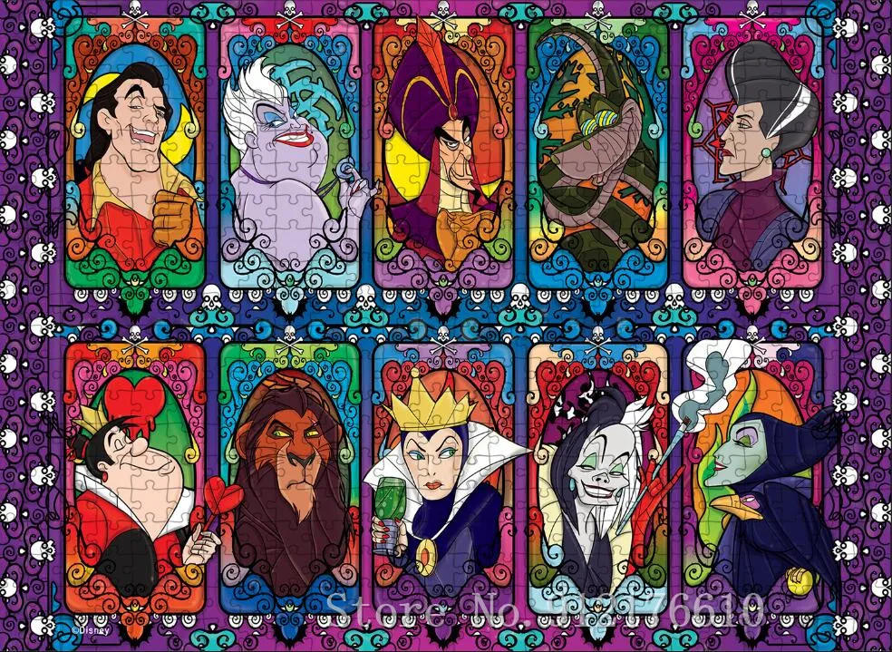 Disney Villains ไม้ตัวต่อจิกซอว์300/500/1000ชิ้นของเล่นเกมปริศนาเด็กการศึกษาของเล่นการเรียนรู้คริสต์มาสของขวัญ