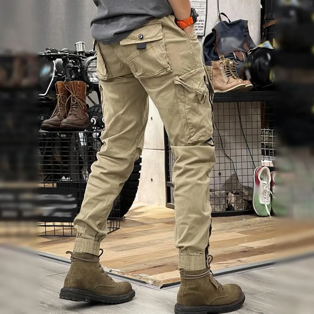Spring Fall Men Cargo Pants Drawstring Waist Multi Pockets Ankle-banded Solid Sport Trousers Outdoor Training Exercise Trousers