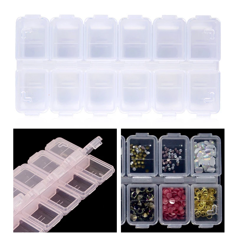 12 Compartments Plastic Rhinestone Organizer Container Case, Nail Art Tool Jewelry Storage Box, Beads Parts Containers