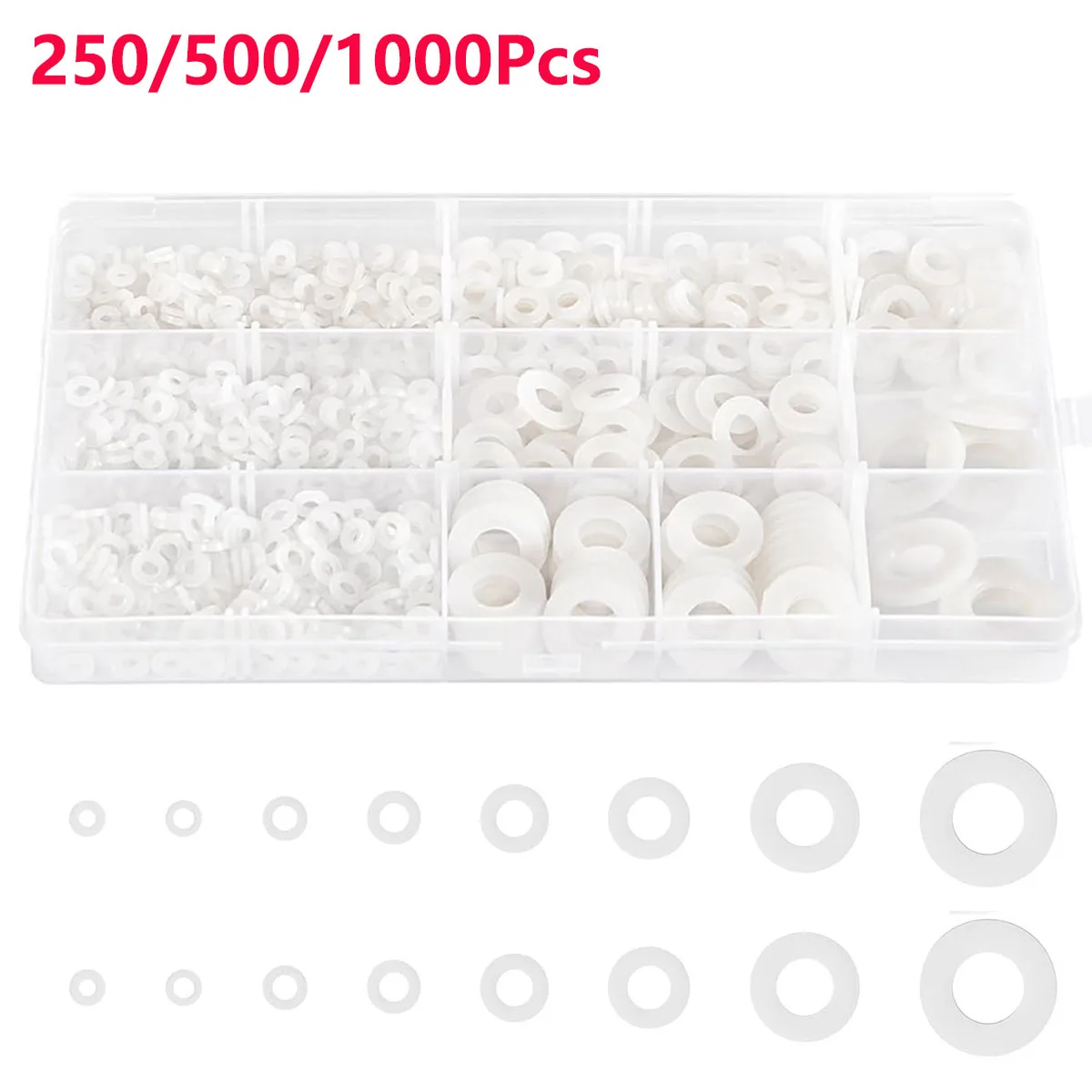 

250/500/1000Pcs White Nylon Flat Washer Assortment Kit O Ring Gasket Insulation for M2 M2.5 M3 M4 M5 M6 M8 M10 Srew Sealing Kit