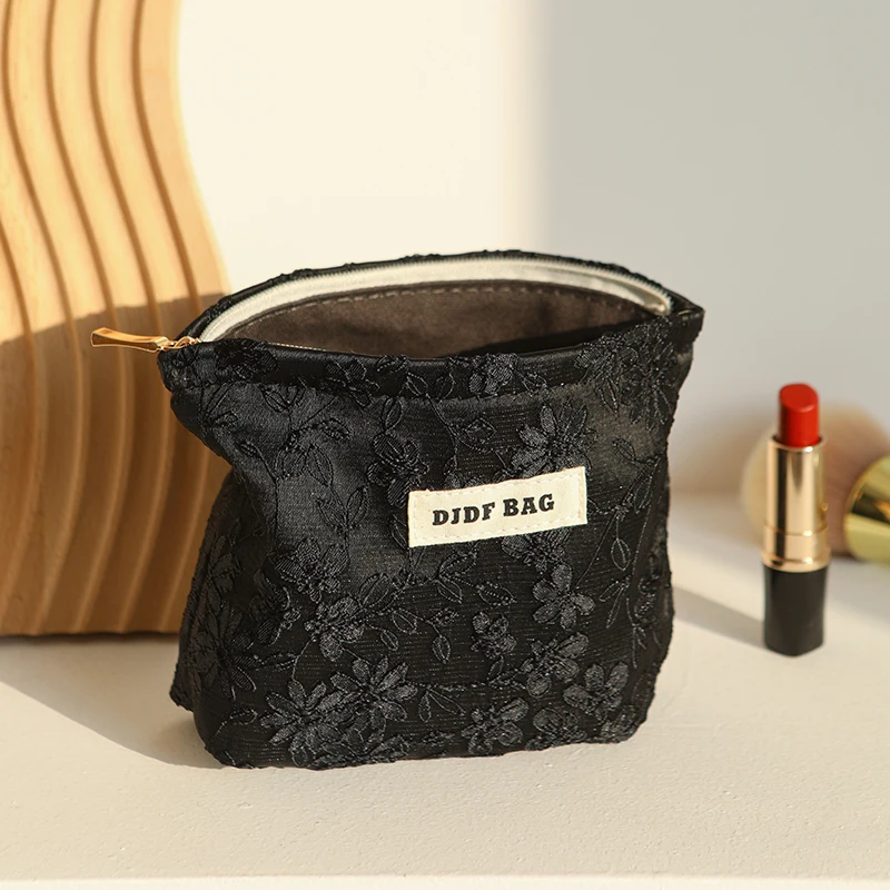 Black embroidery women's makeup bag, portable small makeup change storage bag, travel card case, key case, inner tank bag