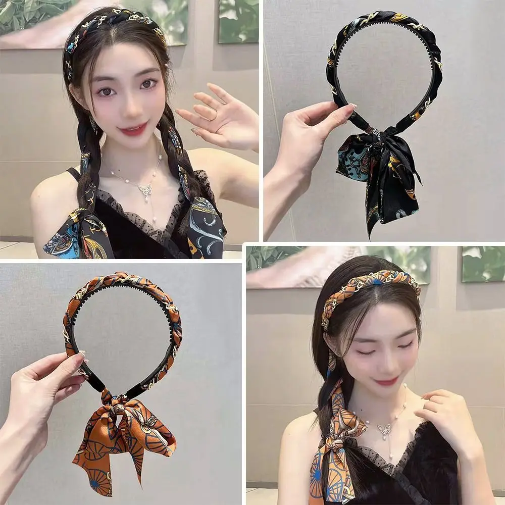 

Summer Floral Print Sweets Long Ribbon Hair Hoop Braided Headband Hairband