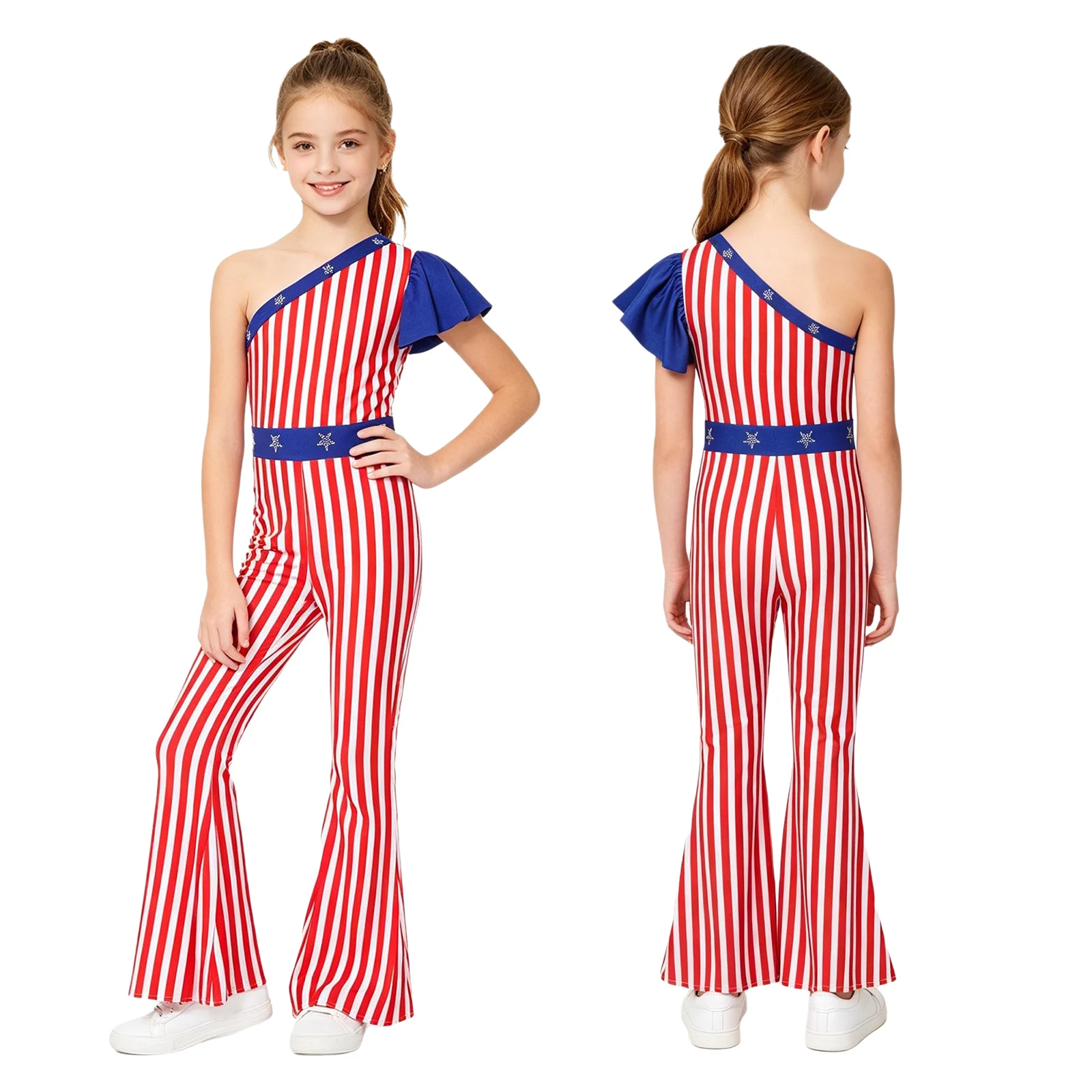 

Girls Stars Striped Jumpsuit Flared Pants Rompers Cosplay Costume for July 4th Independence Day Halloween Patriotic Party