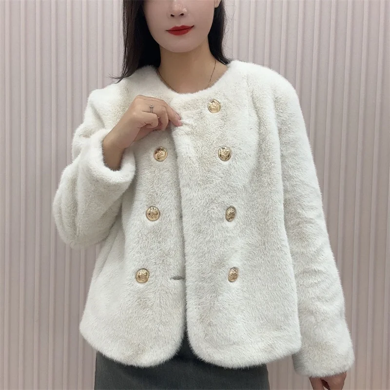 Streetwear Double-faced Fur Coat Women\'s Mink Velvet Short Jacket O-neck Double-breasted Pocket Faux Fur Fluff Outerwear Autumn