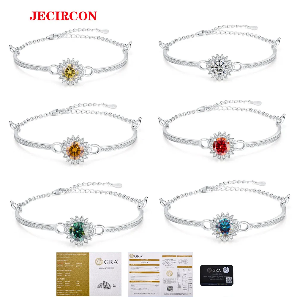 

JECIRCON S925 браслет из стерлингового серебра с муассанитом для женщин, 2-каратное красочное бриллиантовое подсолнух, высококачественная легкая роскошная ручная цепочка