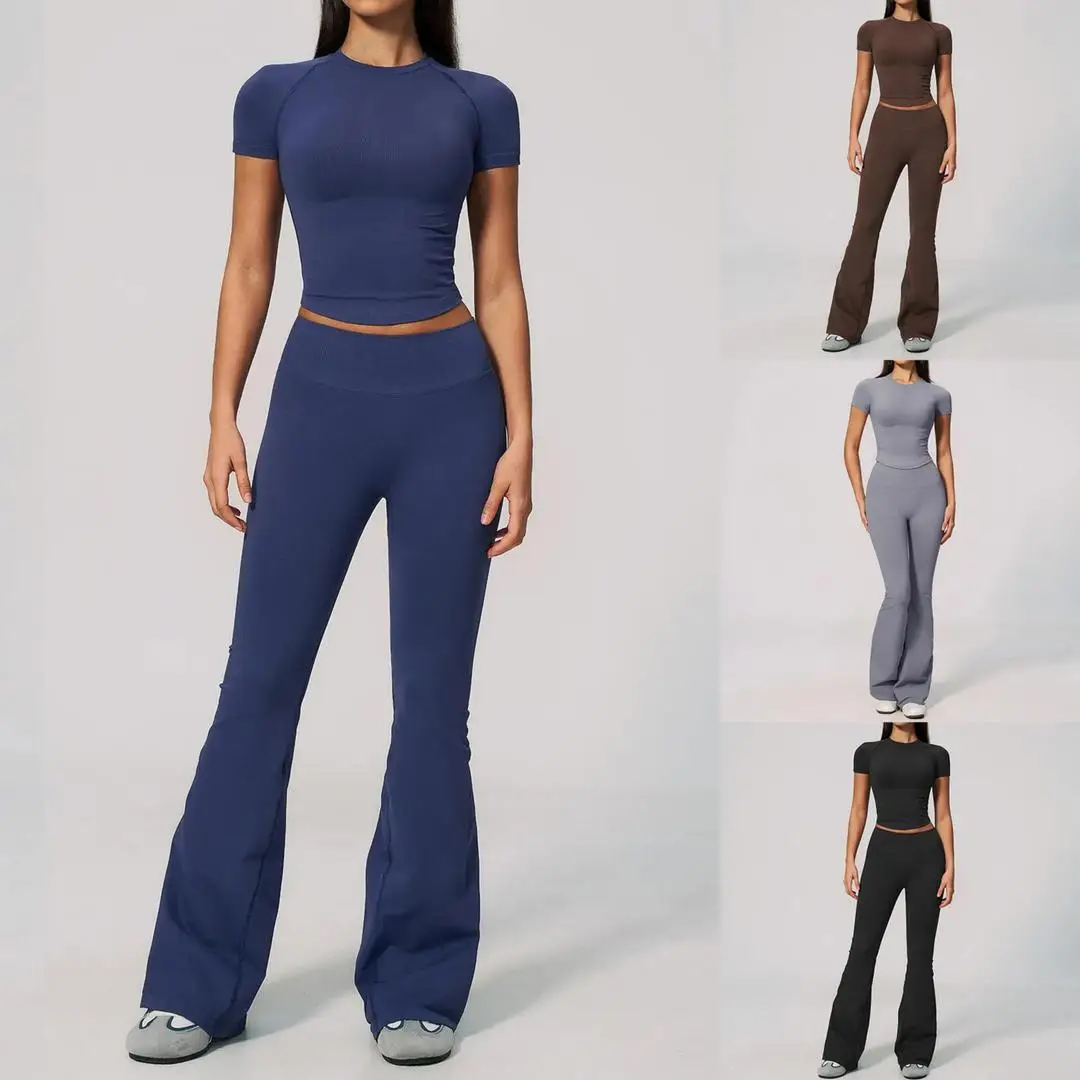 B New 2 Pcs Yoga Set Gym Clothes Sportswear Yoga Suits Women Fitness Short Sleeve Crop Top Tracksuits Sports Bra  Flared Pants