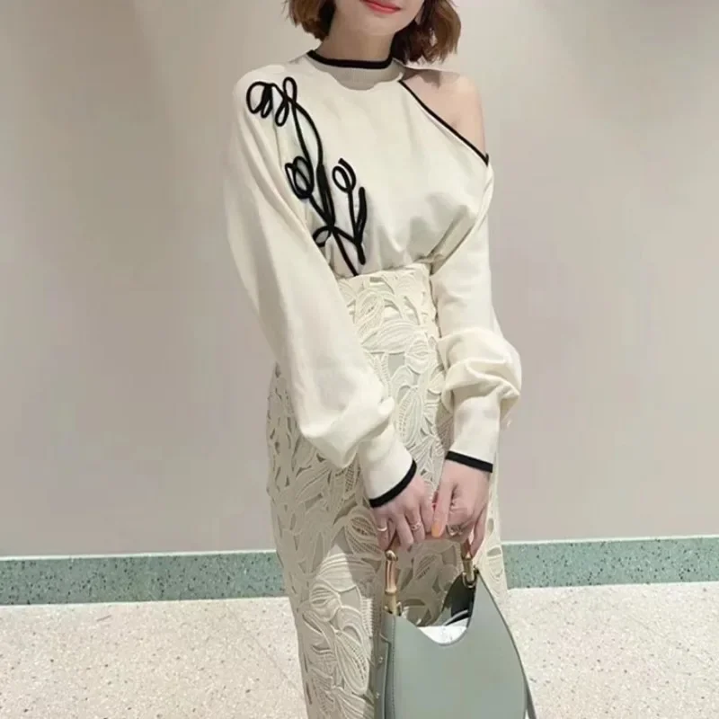 Embroidery Floral Sweater Off-shoulder Bat Long Sleeve Ropa Mujer Japanese Pullover Womens Spring 2025 New Clothing Knitwears