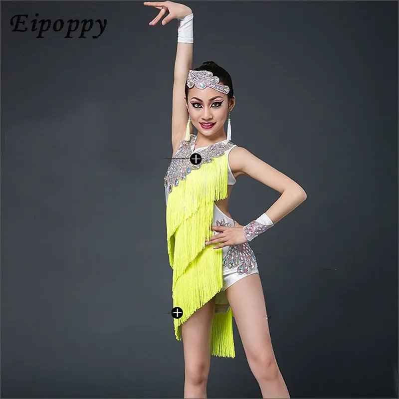 

New Children's Latin Dance Costumes Diamond Fringed Skirt Children Latin Dance Costume Girl