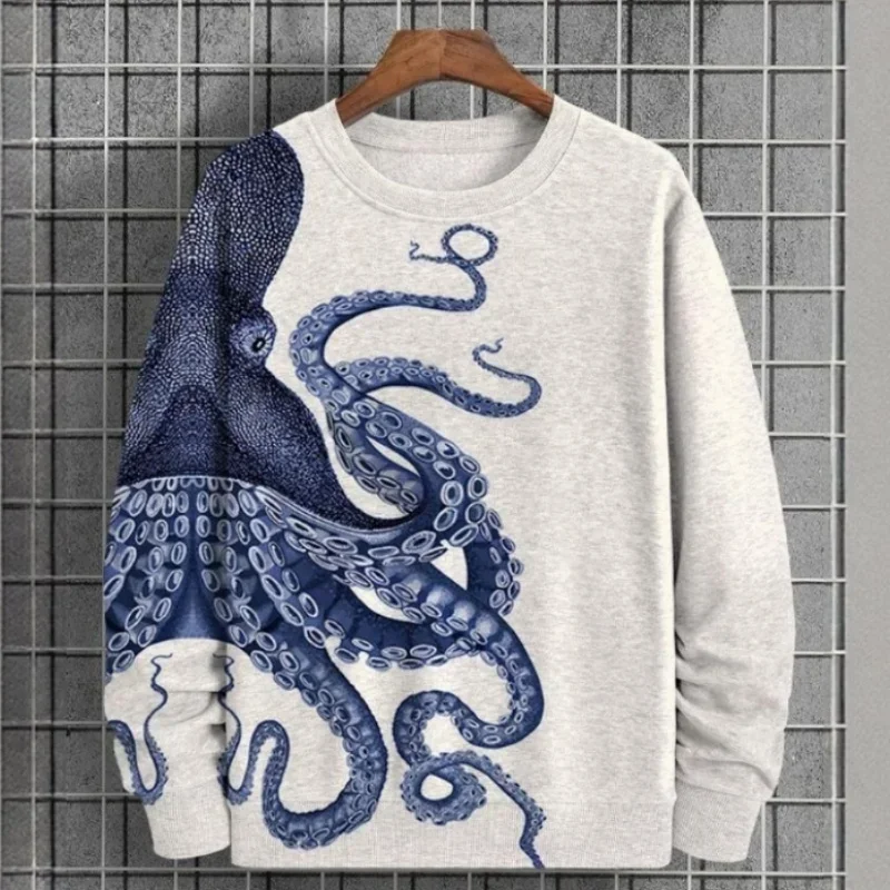 Men's 3D Printed Tentacle Hoodie Marine Animal Pattern Sweater Autumn Long Sleeve Round Neck Pullover Street Loose Men's Tops