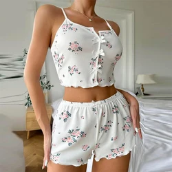 Women's Ribbed Knit Pajama Set Floral Print Camisole & Shorts Lightweight Breathable Sleepwear
