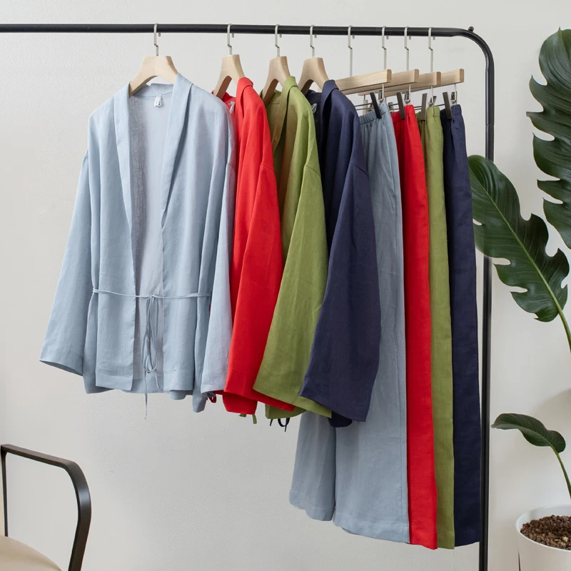 Women's Linen Two-Piece Set: Kimono Wrap Top & Wide-Leg Pants Olive