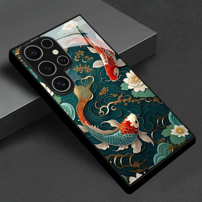 Goldfish swimming in water design for glass phone case for Samsung Galaxy S26 S25 S24 S23 S22 S20 FE/Ultra/Plus anti drop Cover