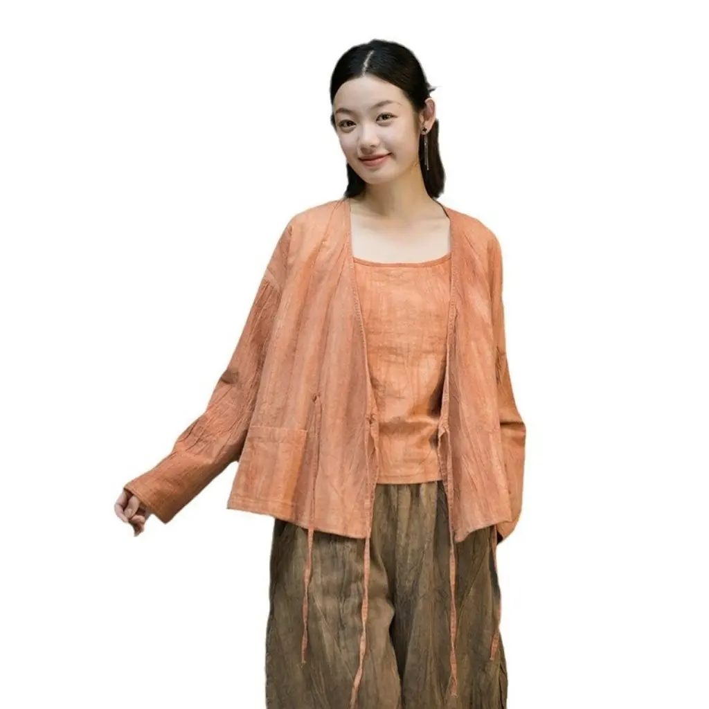 

Nianbaixiu Women's Retro Lace-Up Slant Cardigan Handmade Tie-Dyed Top Design Zen Coat Original Ramie Fabric