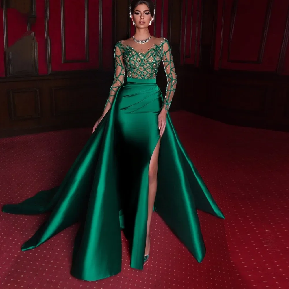 Abito da sera a sirena verde smeraldo con strascico staccabile elegante raso a maniche lunghe con spacco alto abiti da festa vestidos de graduac