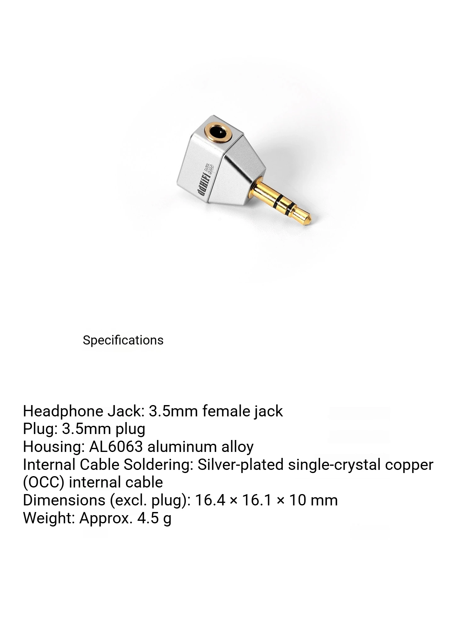 ddhifi DJ35L 3.5mm To 3.5mm Plug Adapter Angled Plug CNC Aviation Aluminum Alloy Silver‑Plated OCC Copper Internal Wire